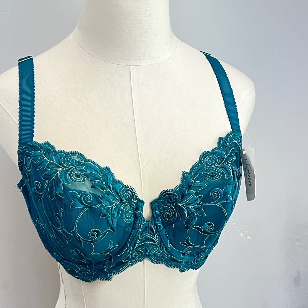 Soma Sensuous Lace Balconet Bra Green Envy Gold Floral Embroidery 38C NEW